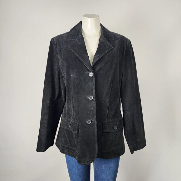 Lady Hathaway Black Suede Button Up Jacket Size L/XL - Picture 1 of 10